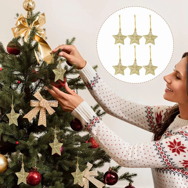 24 peças Pingente para árvore de Natal estrela com glitter