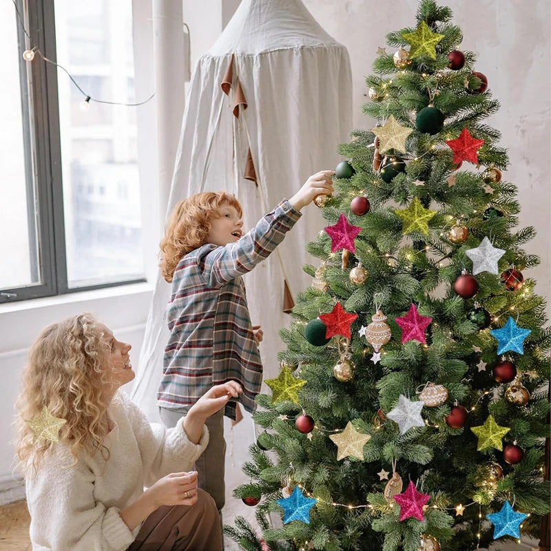 24 peças Pingente para árvore de Natal estrela com glitter